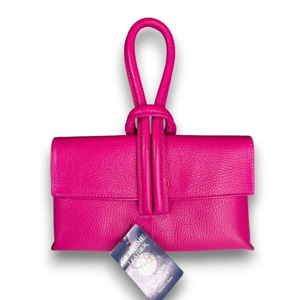 Italian Pebble‎ Leather Crossbody Clutch Fuchsia Pink Detachable Strap
